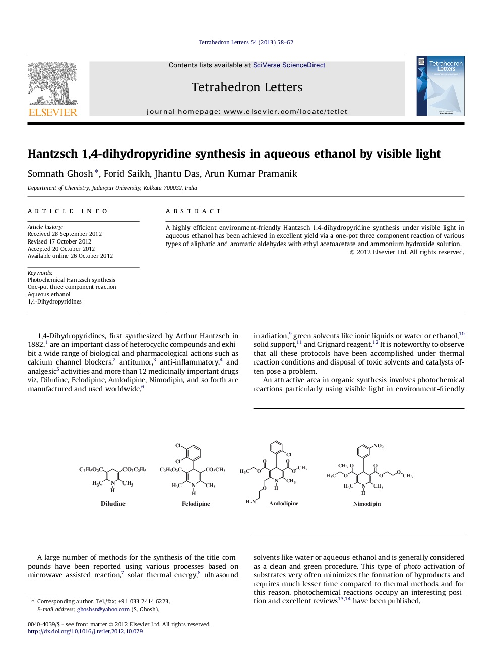 Hantzsch 1,4-dihydropyridine synthesis in aqueous ethanol by visible light