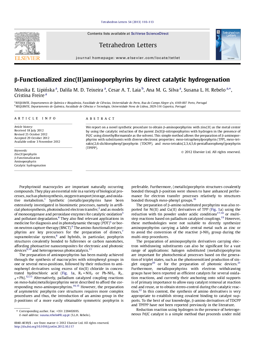 Î²-Functionalized zinc(II)aminoporphyrins by direct catalytic hydrogenation