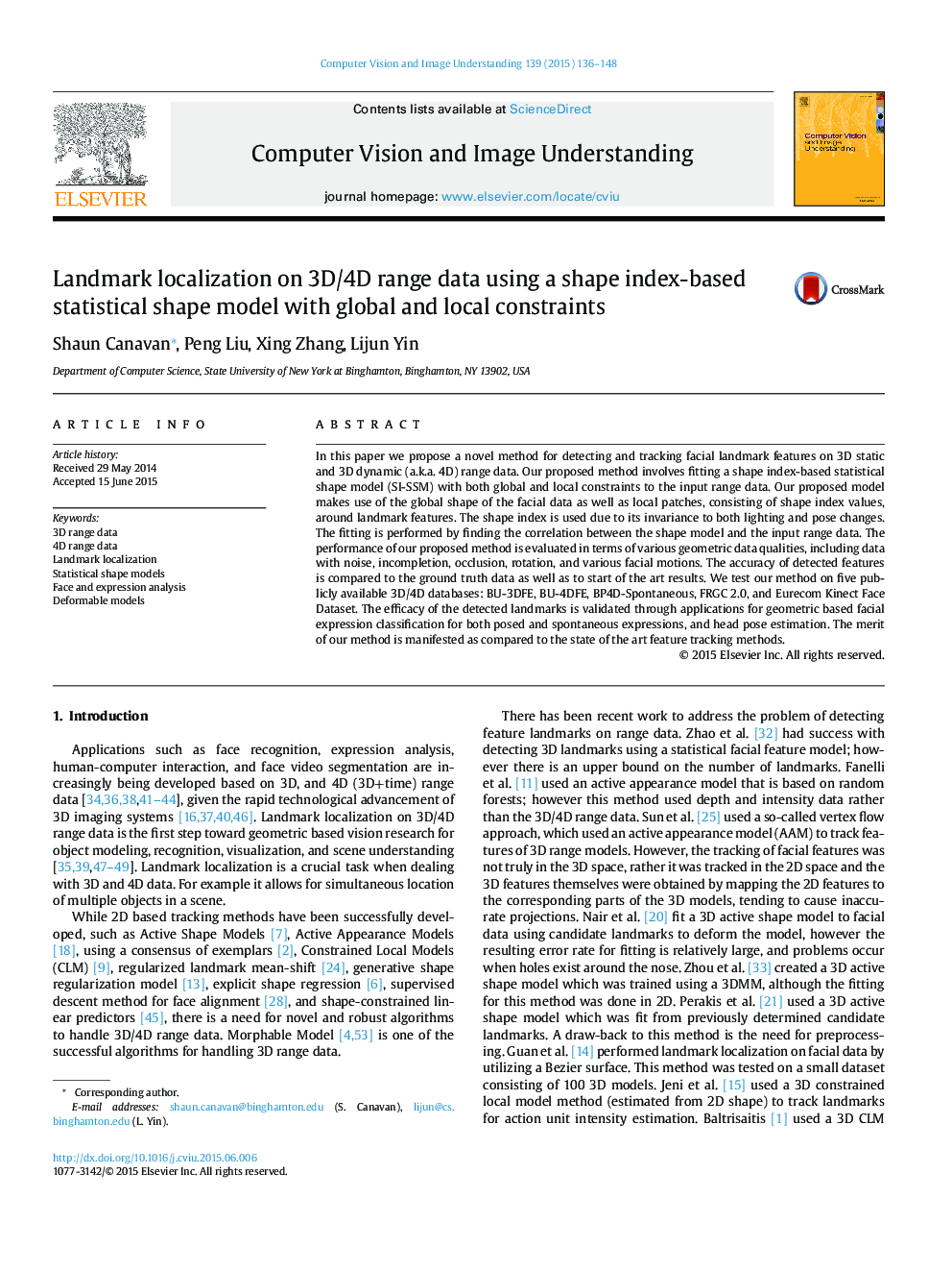 Landmark localization on 3D/4D range data using a shape index-based statistical shape model with global and local constraints