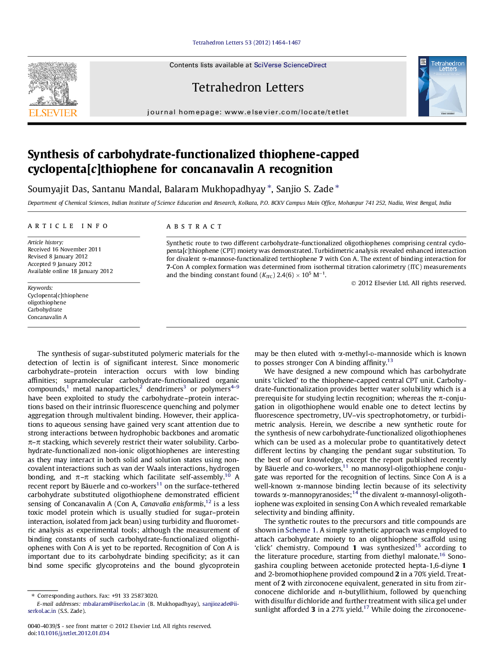 Synthesis of carbohydrate-functionalized thiophene-capped cyclopenta[c]thiophene for concanavalin A recognition