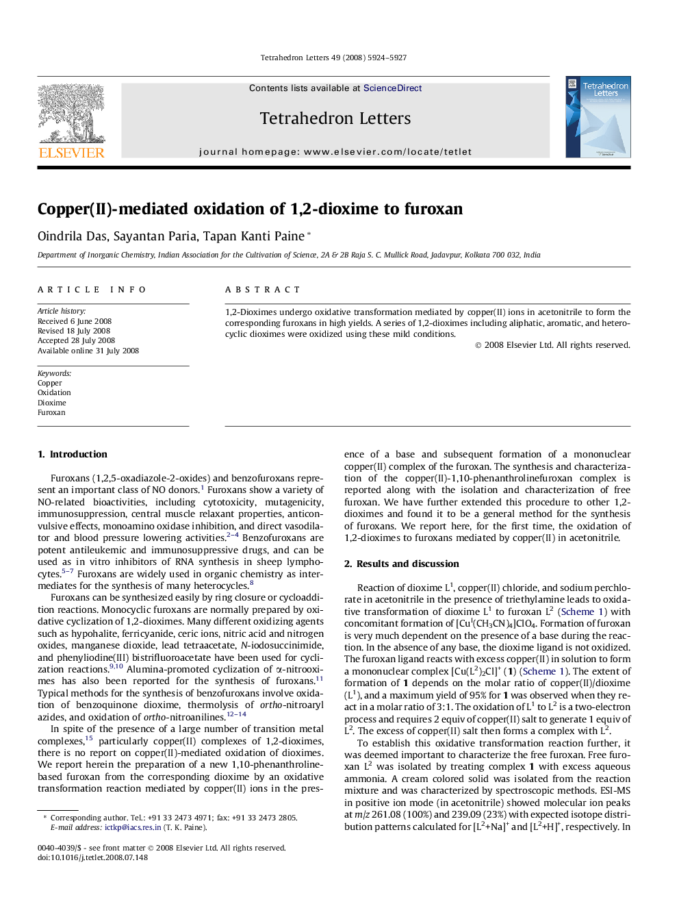 Copper(II)-mediated oxidation of 1,2-dioxime to furoxan