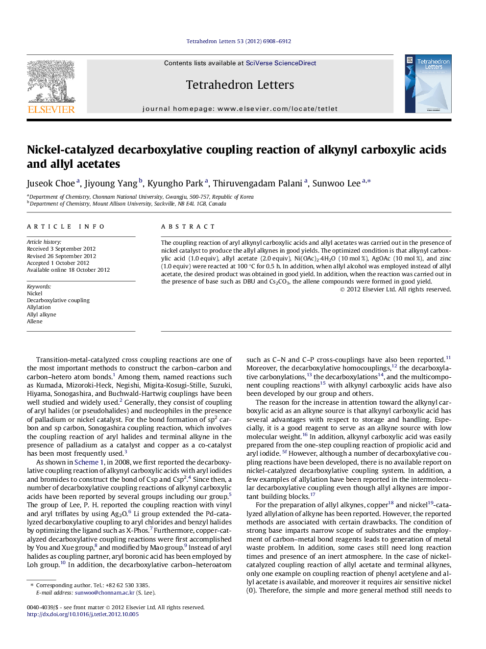 Nickel-catalyzed decarboxylative coupling reaction of alkynyl carboxylic acids and allyl acetates