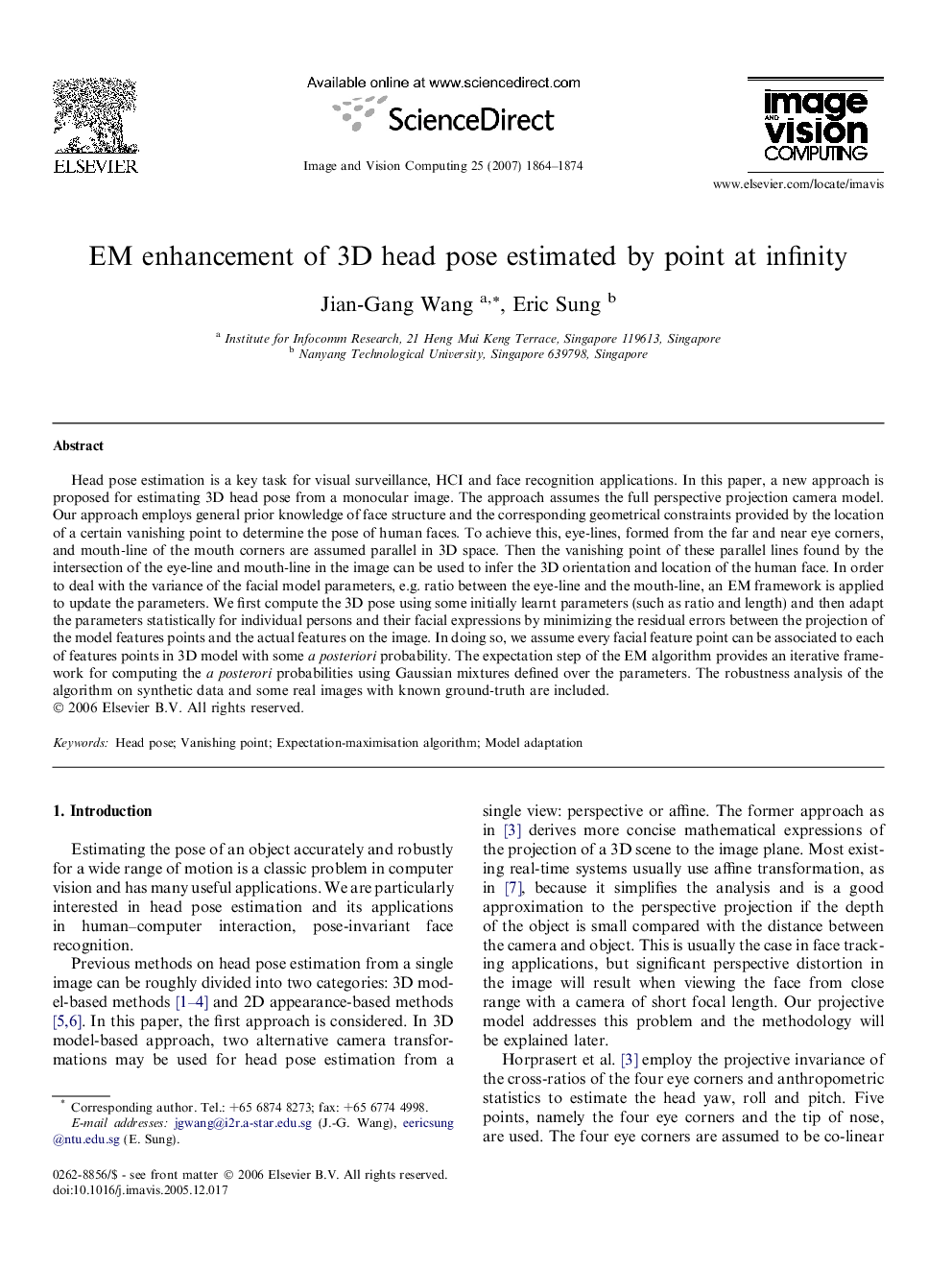 EM enhancement of 3D head pose estimated by point at infinity