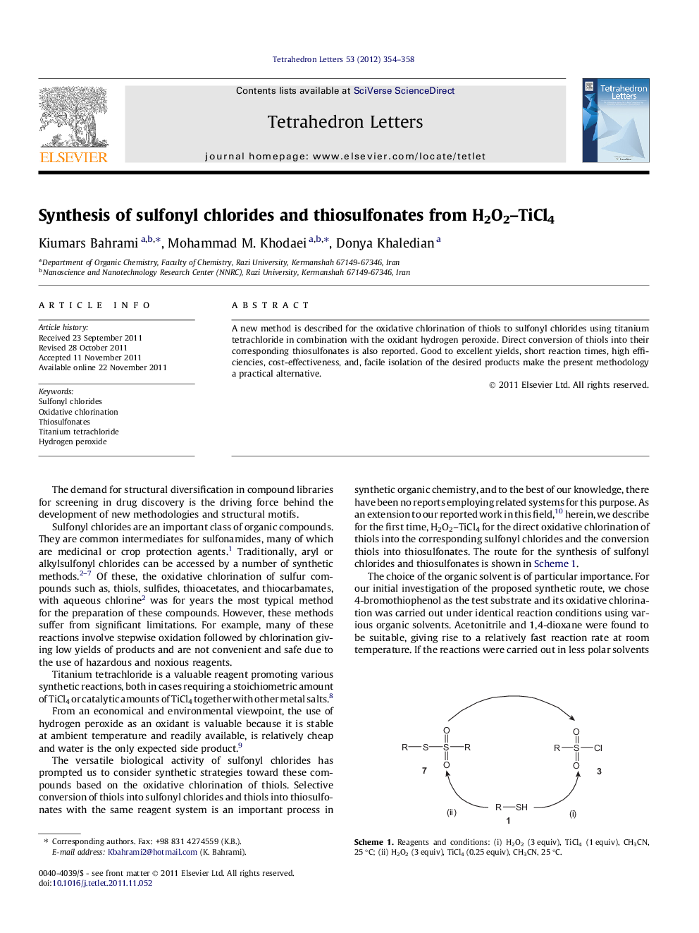 Synthesis of sulfonyl chlorides and thiosulfonates from H2O2-TiCl4