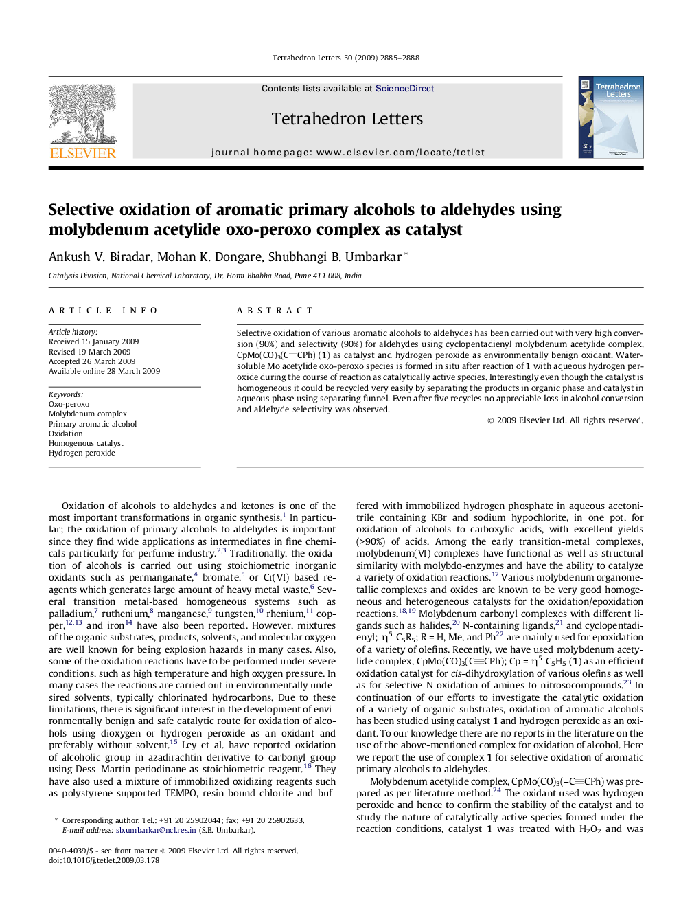 Selective oxidation of aromatic primary alcohols to aldehydes using molybdenum acetylide oxo-peroxo complex as catalyst