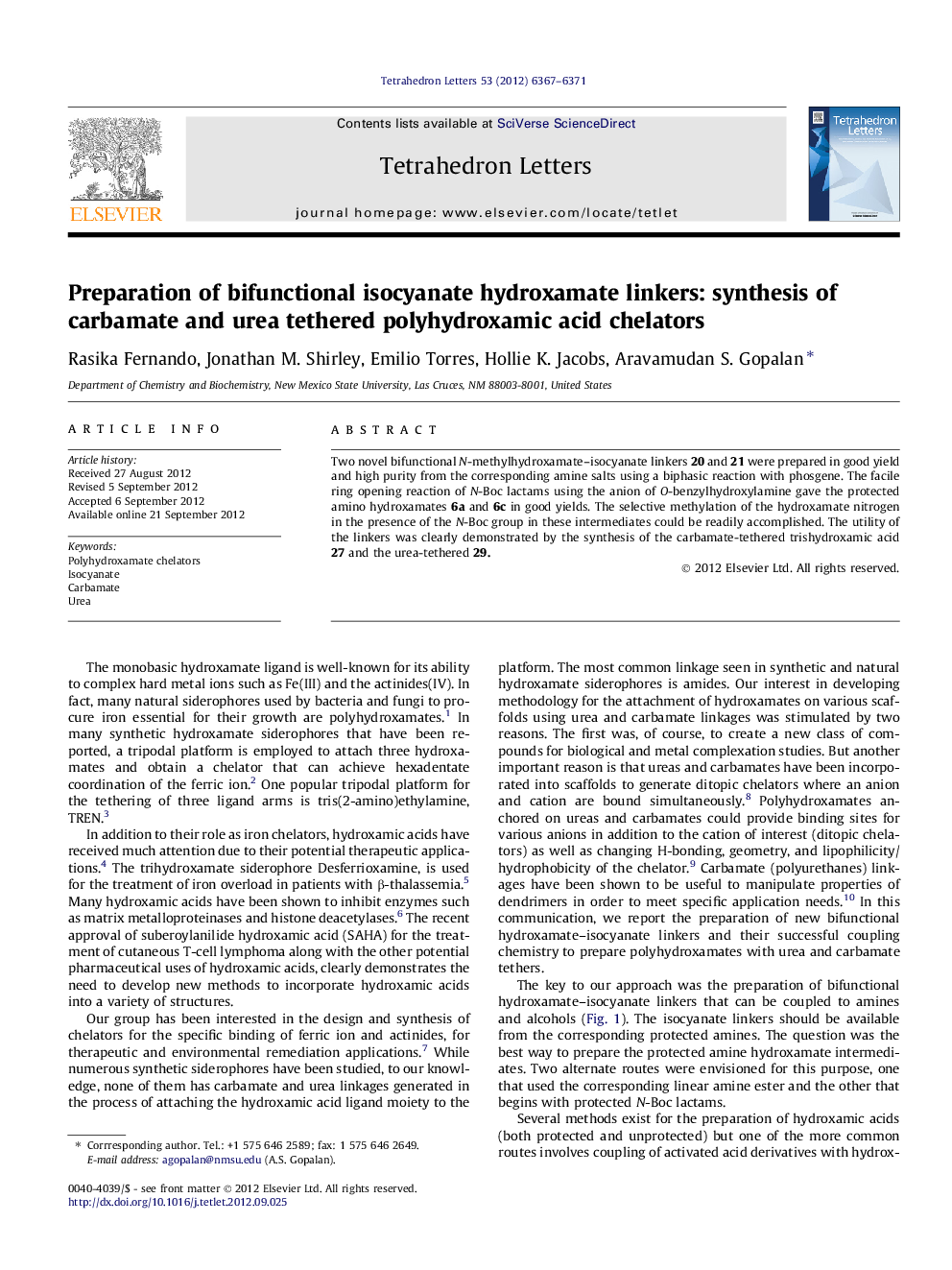 Preparation of bifunctional isocyanate hydroxamate linkers: synthesis of carbamate and urea tethered polyhydroxamic acid chelators