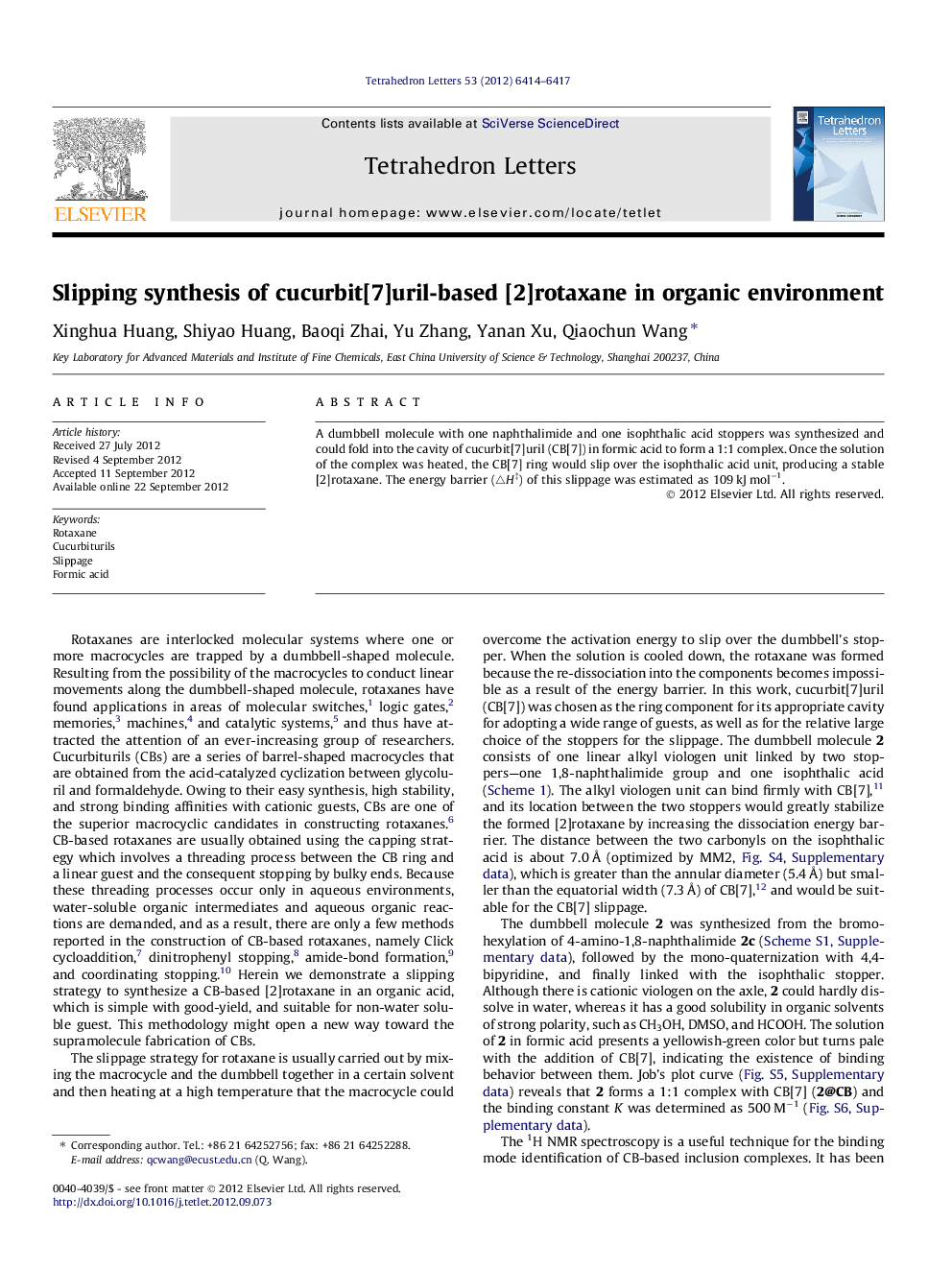 Slipping synthesis of cucurbit[7]uril-based [2]rotaxane in organic environment