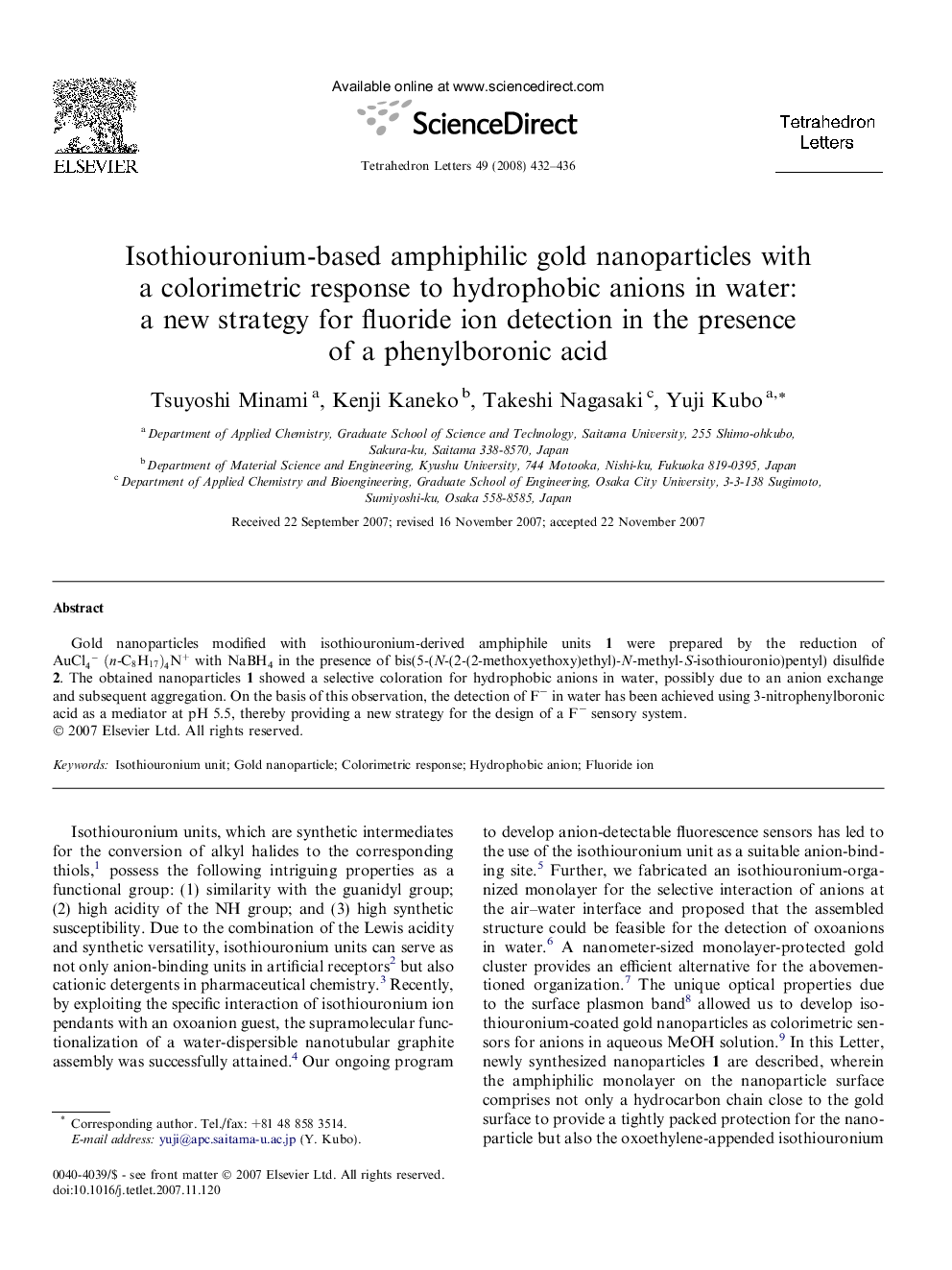 Isothiouronium-based amphiphilic gold nanoparticles with a colorimetric response to hydrophobic anions in water: a new strategy for fluoride ion detection in the presence of a phenylboronic acid