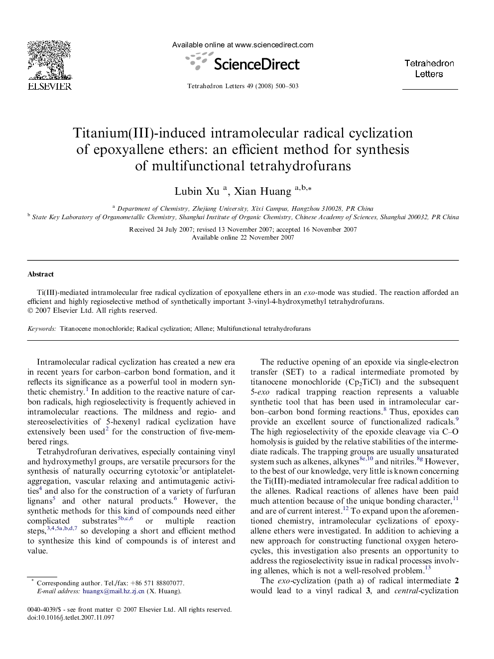 Titanium(III)-induced intramolecular radical cyclization of epoxyallene ethers: an efficient method for synthesis of multifunctional tetrahydrofurans