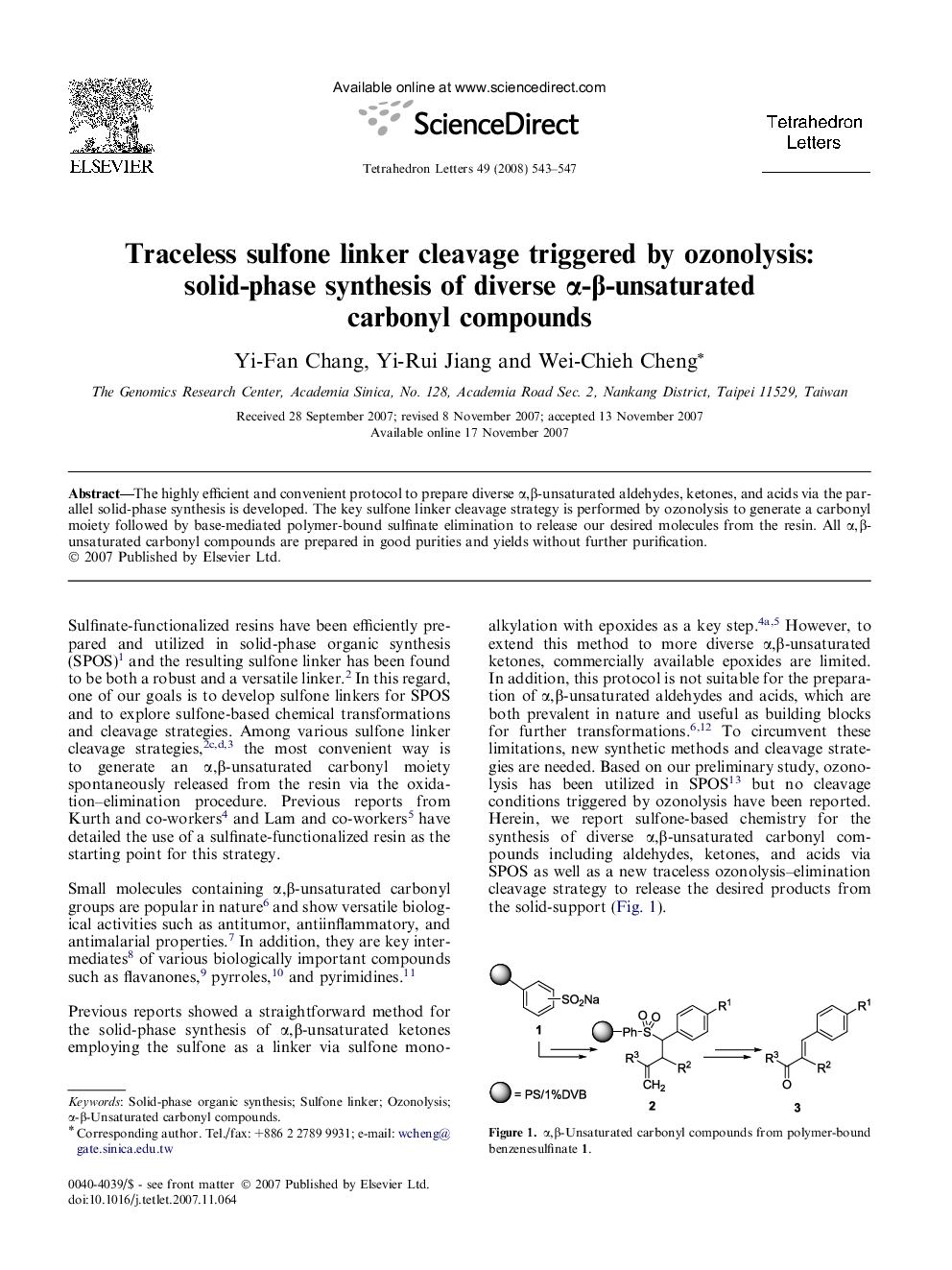 Traceless sulfone linker cleavage triggered by ozonolysis: solid-phase synthesis of diverse Î±-Î²-unsaturated carbonyl compounds