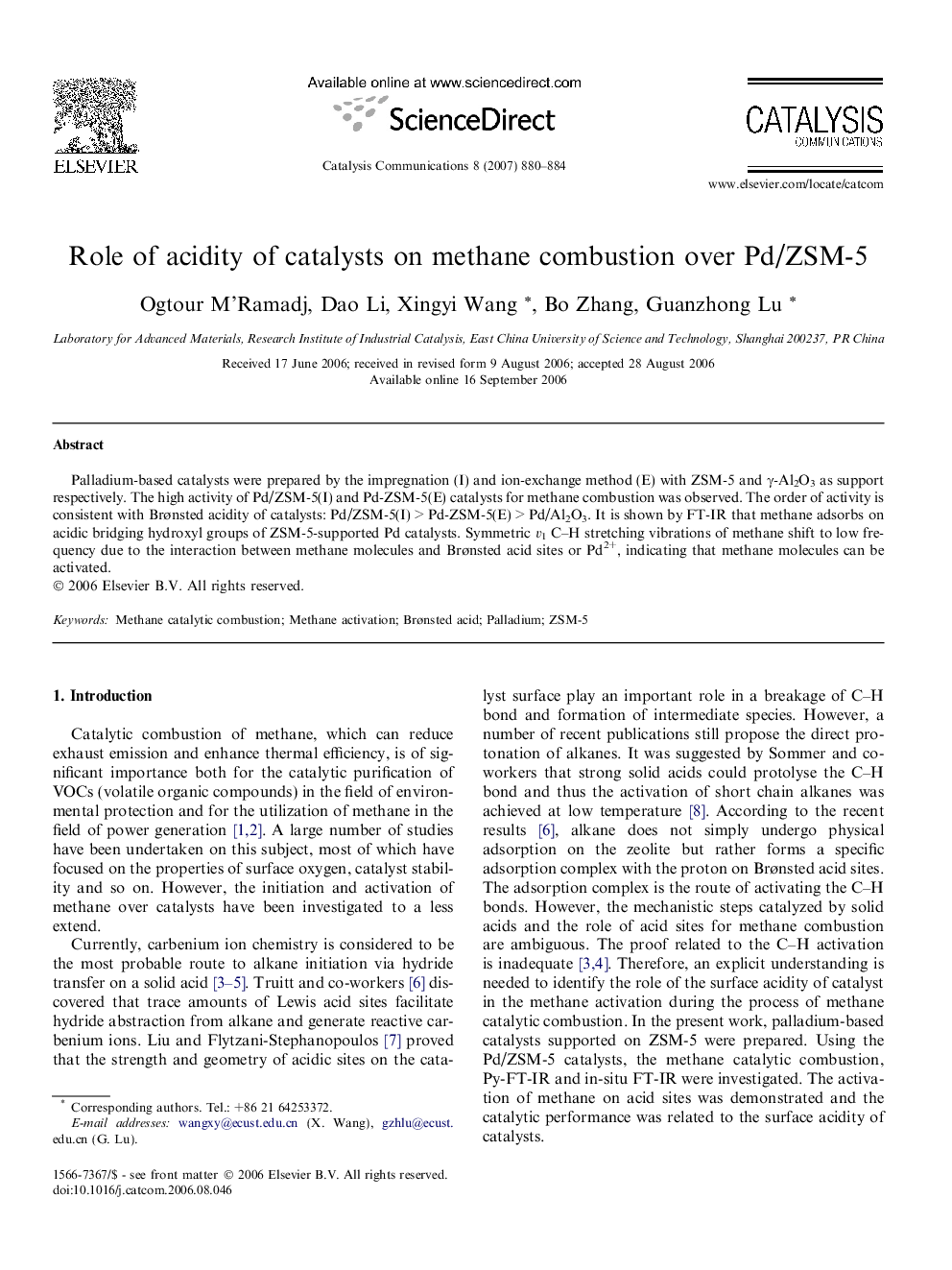 Role of acidity of catalysts on methane combustion over Pd/ZSM-5