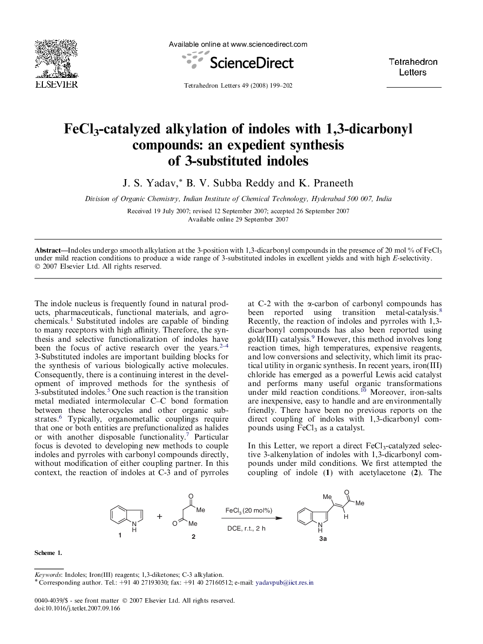 FeCl3-catalyzed alkylation of indoles with 1,3-dicarbonyl compounds: an expedient synthesis of 3-substituted indoles