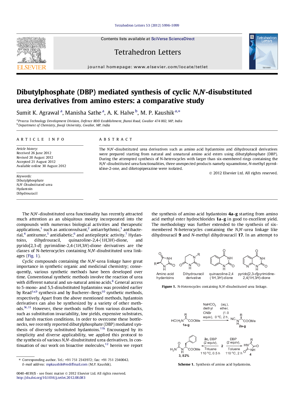 Dibutylphosphate (DBP) mediated synthesis of cyclic N,Nâ²-disubstituted urea derivatives from amino esters: a comparative study
