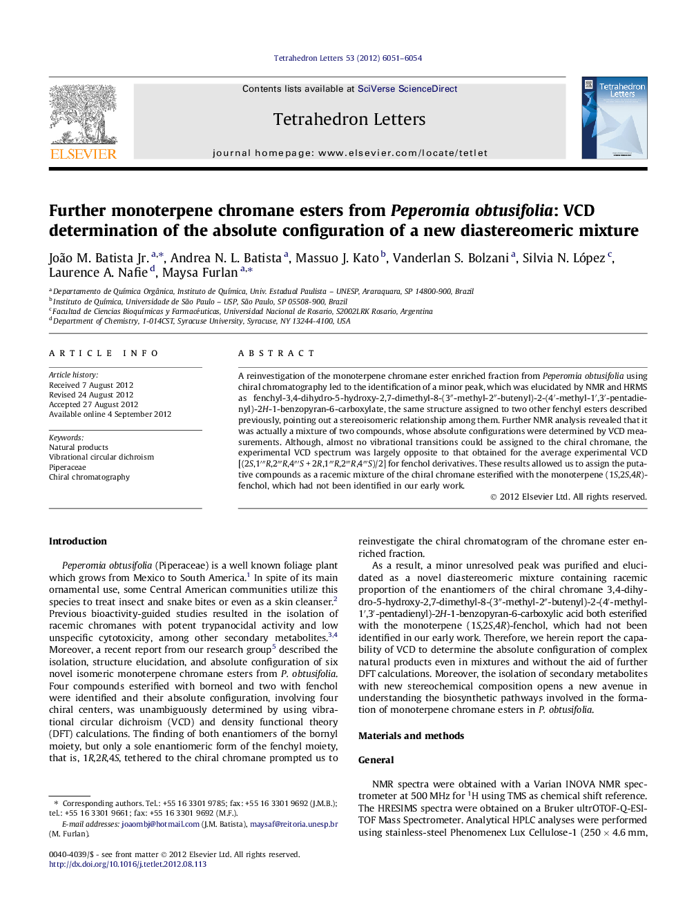 Further monoterpene chromane esters from Peperomia obtusifolia: VCD determination of the absolute configuration of a new diastereomeric mixture