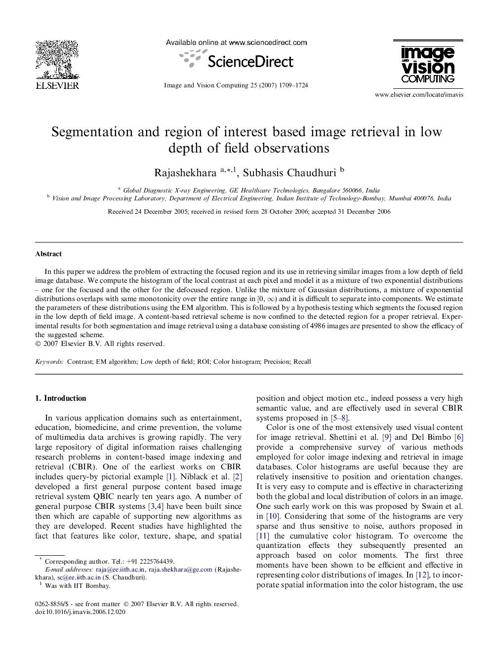 Segmentation and region of interest based image retrieval in low depth of field observations