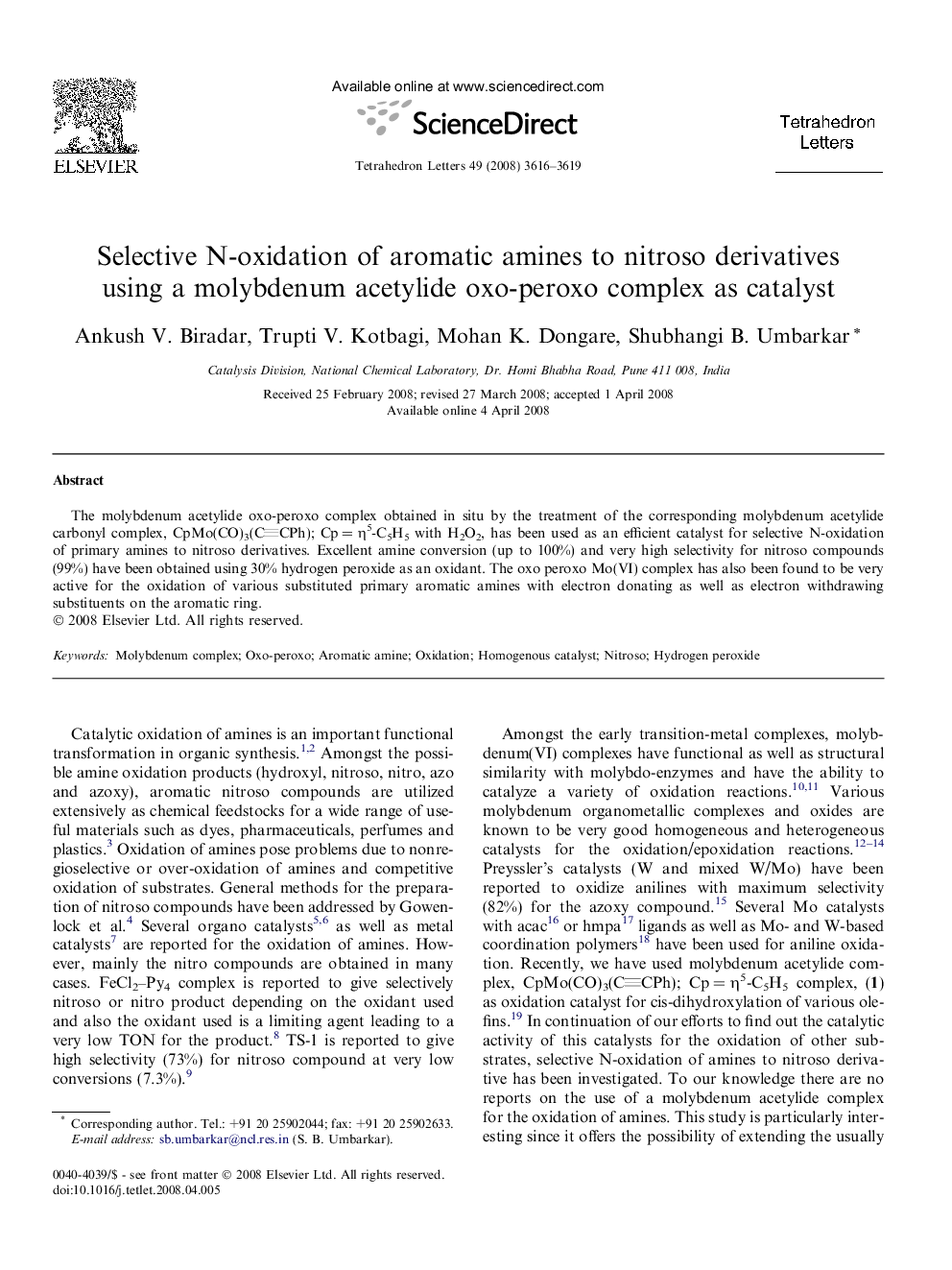 Selective N-oxidation of aromatic amines to nitroso derivatives using a molybdenum acetylide oxo-peroxo complex as catalyst