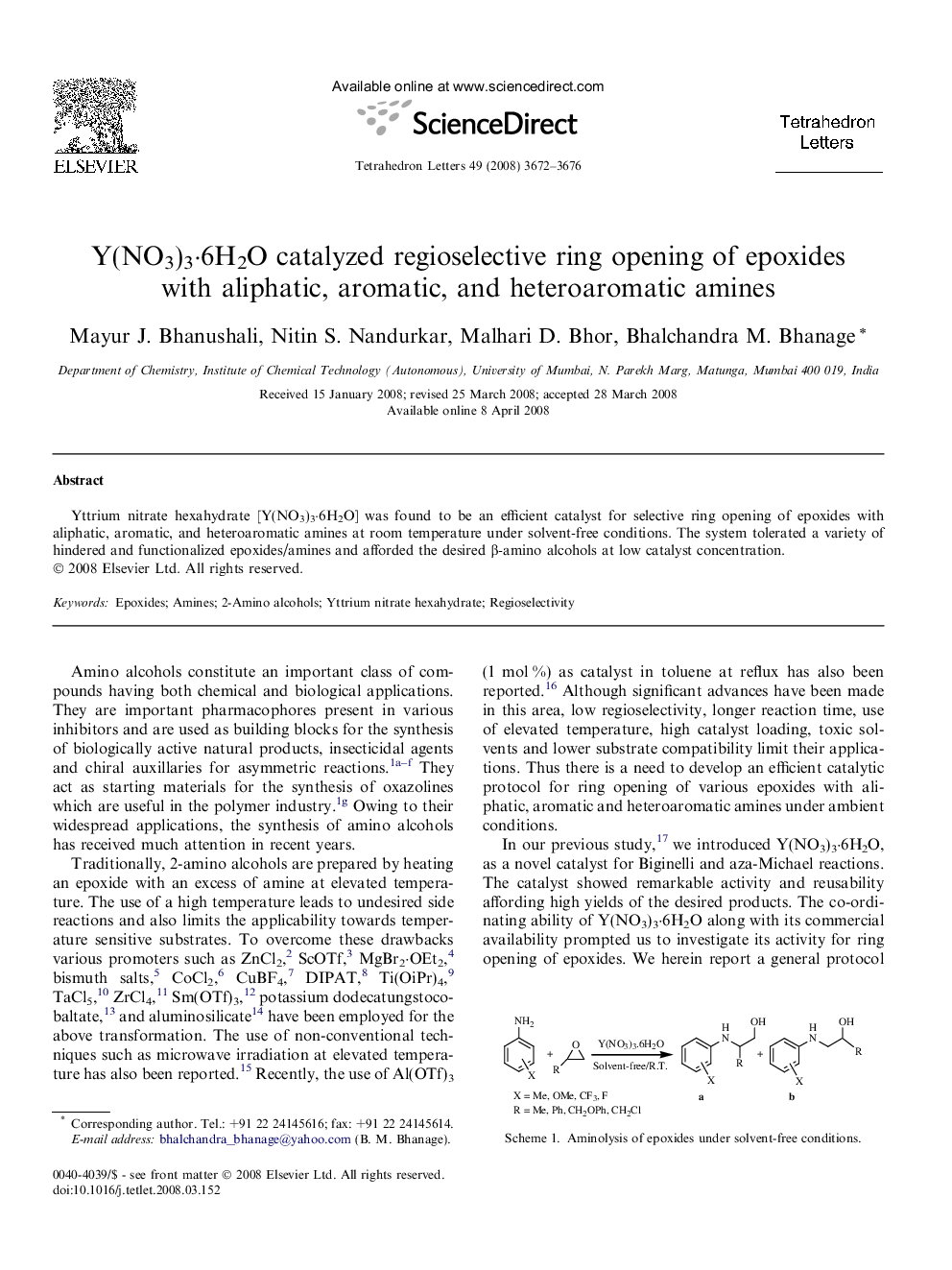 Y(NO3)3Â·6H2O catalyzed regioselective ring opening of epoxides with aliphatic, aromatic, and heteroaromatic amines