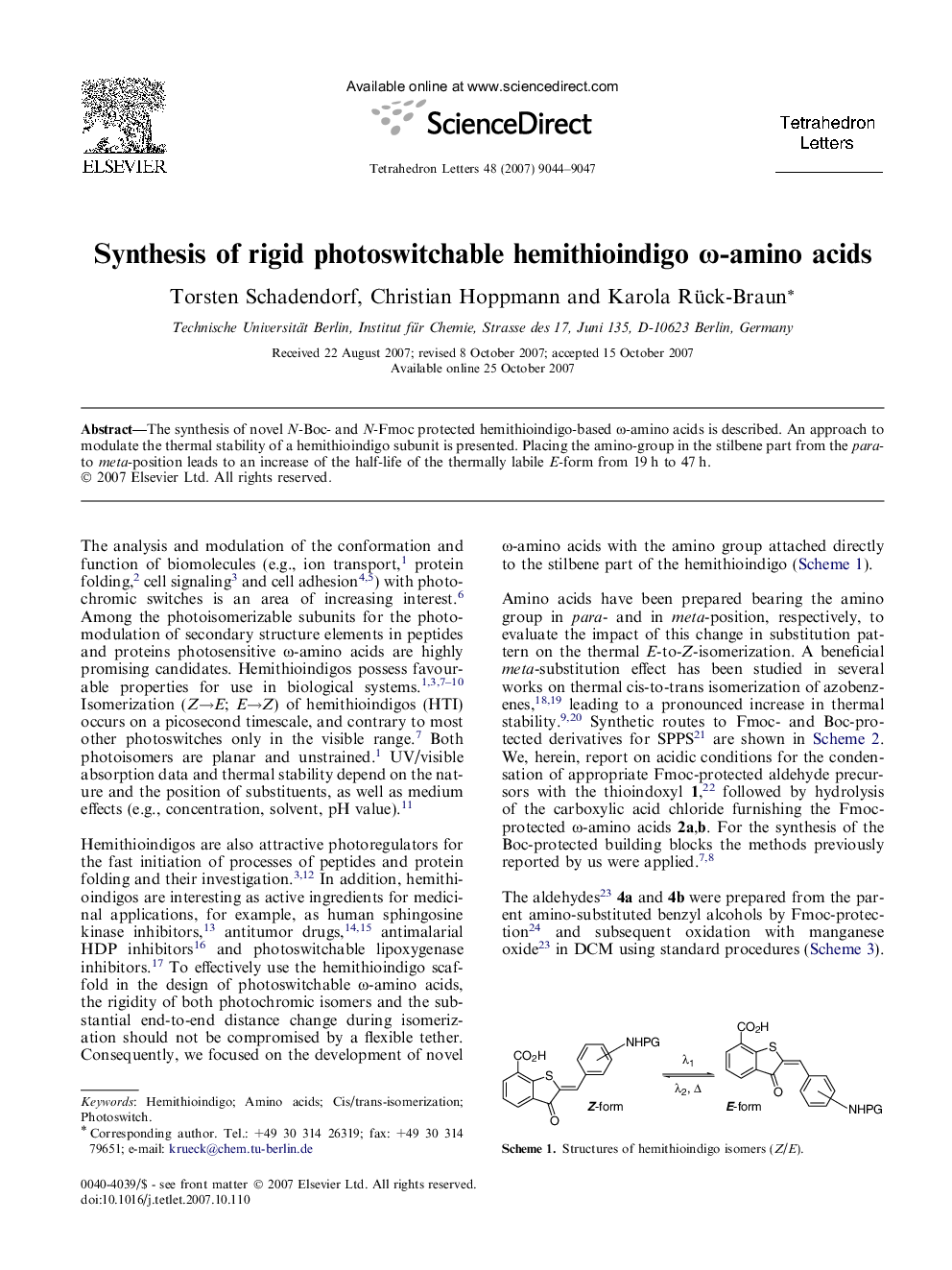 Synthesis of rigid photoswitchable hemithioindigo Ï-amino acids