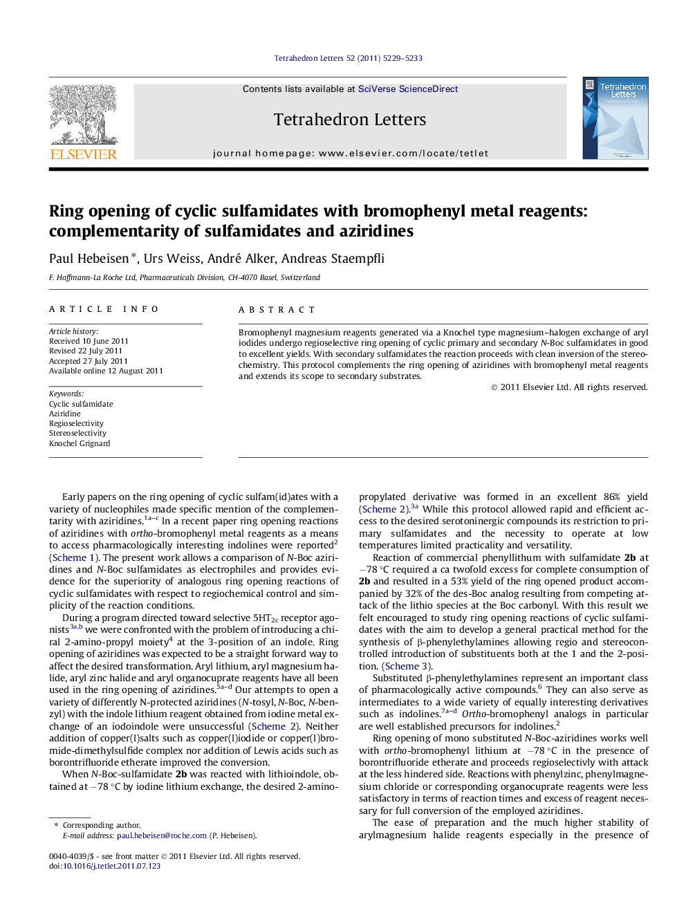 Ring opening of cyclic sulfamidates with bromophenyl metal reagents: complementarity of sulfamidates and aziridines