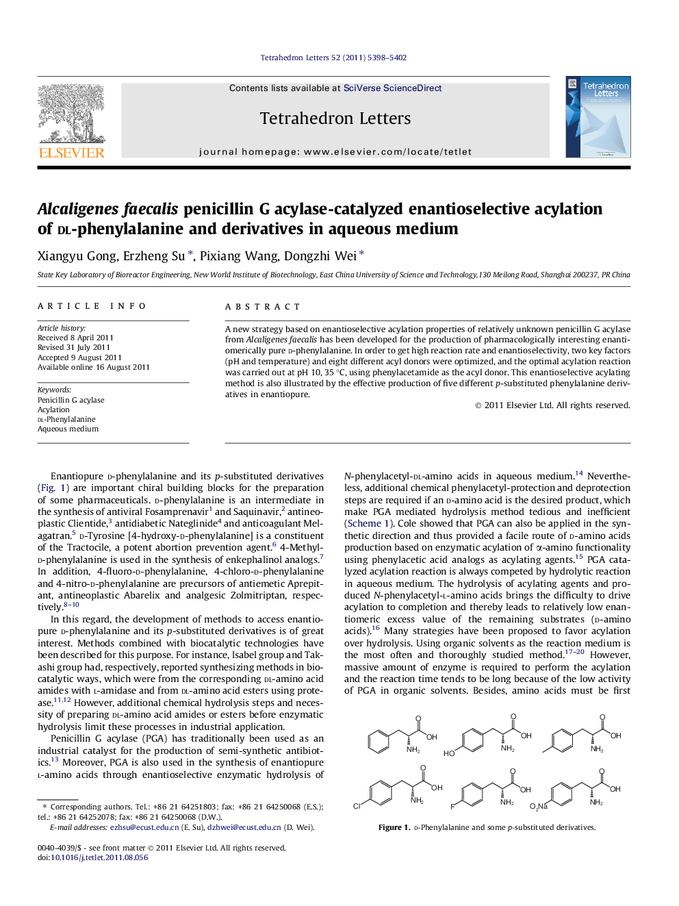 Alcaligenes faecalis penicillin G acylase-catalyzed enantioselective acylation of dl-phenylalanine and derivatives in aqueous medium