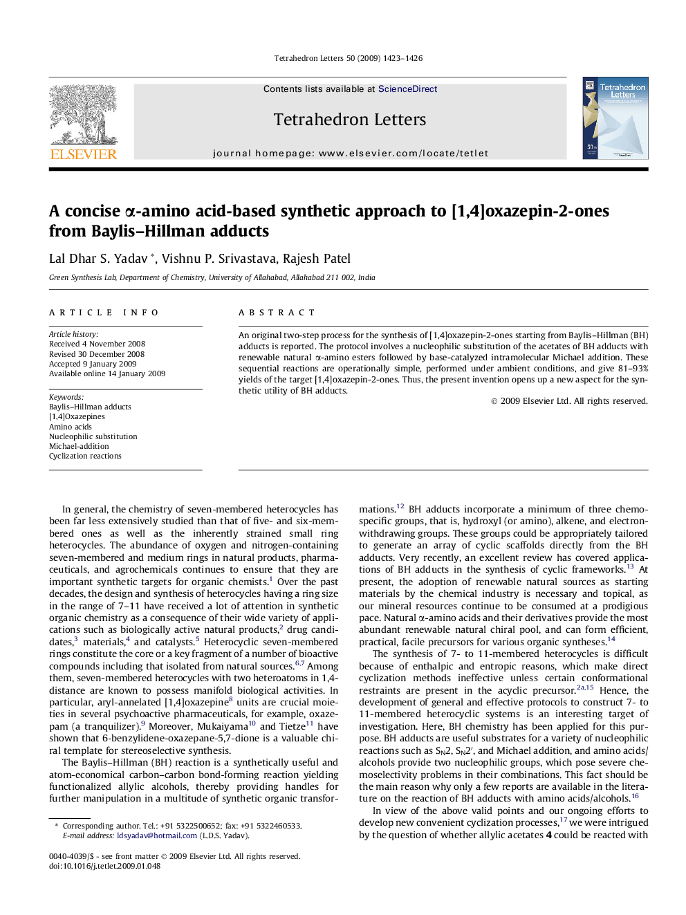 A concise Î±-amino acid-based synthetic approach to [1,4]oxazepin-2-ones from Baylis-Hillman adducts