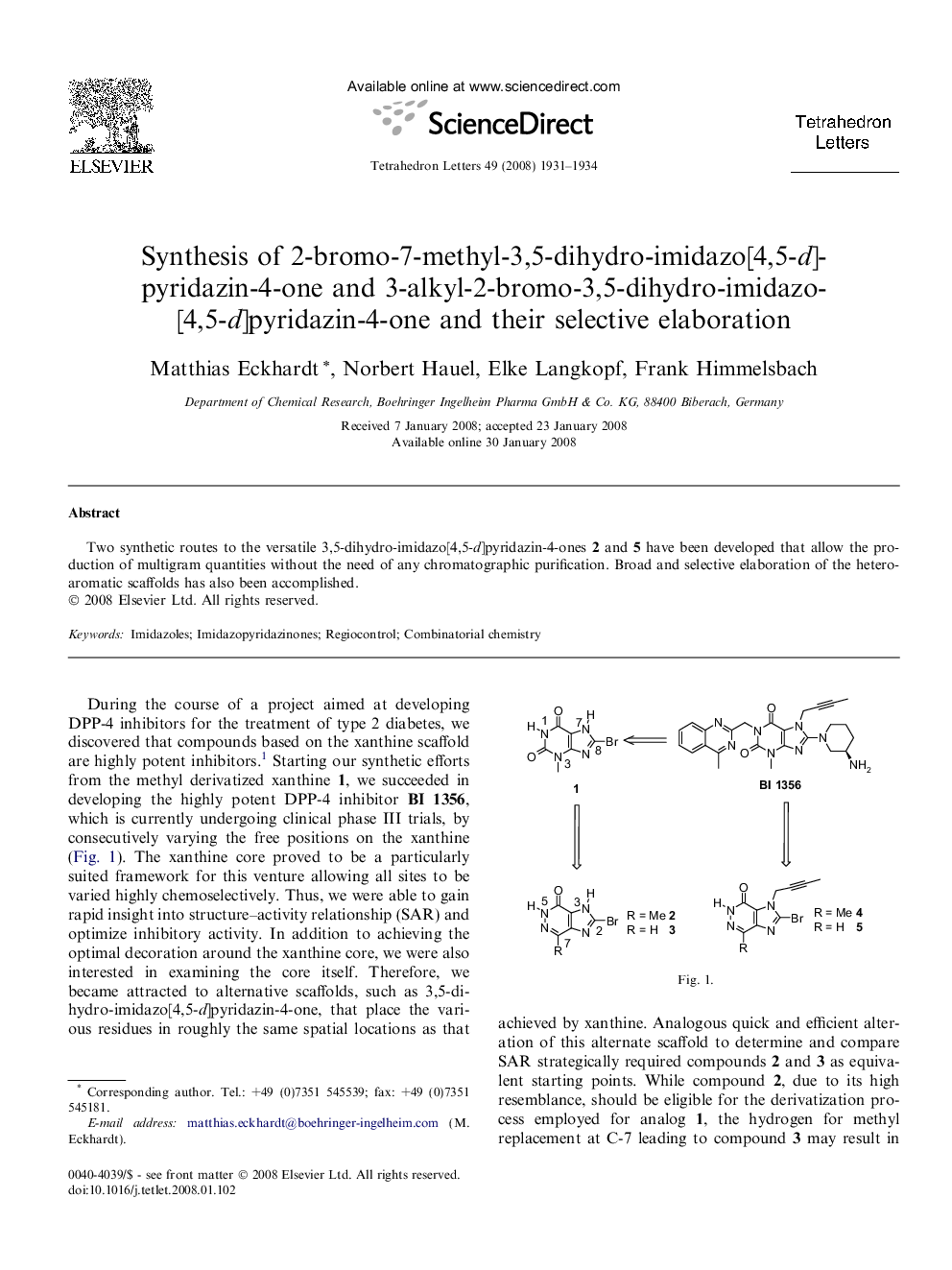 Synthesis of 2-bromo-7-methyl-3,5-dihydro-imidazo[4,5-d]pyridazin-4-one and 3-alkyl-2-bromo-3,5-dihydro-imidazo[4,5-d]pyridazin-4-one and their selective elaboration