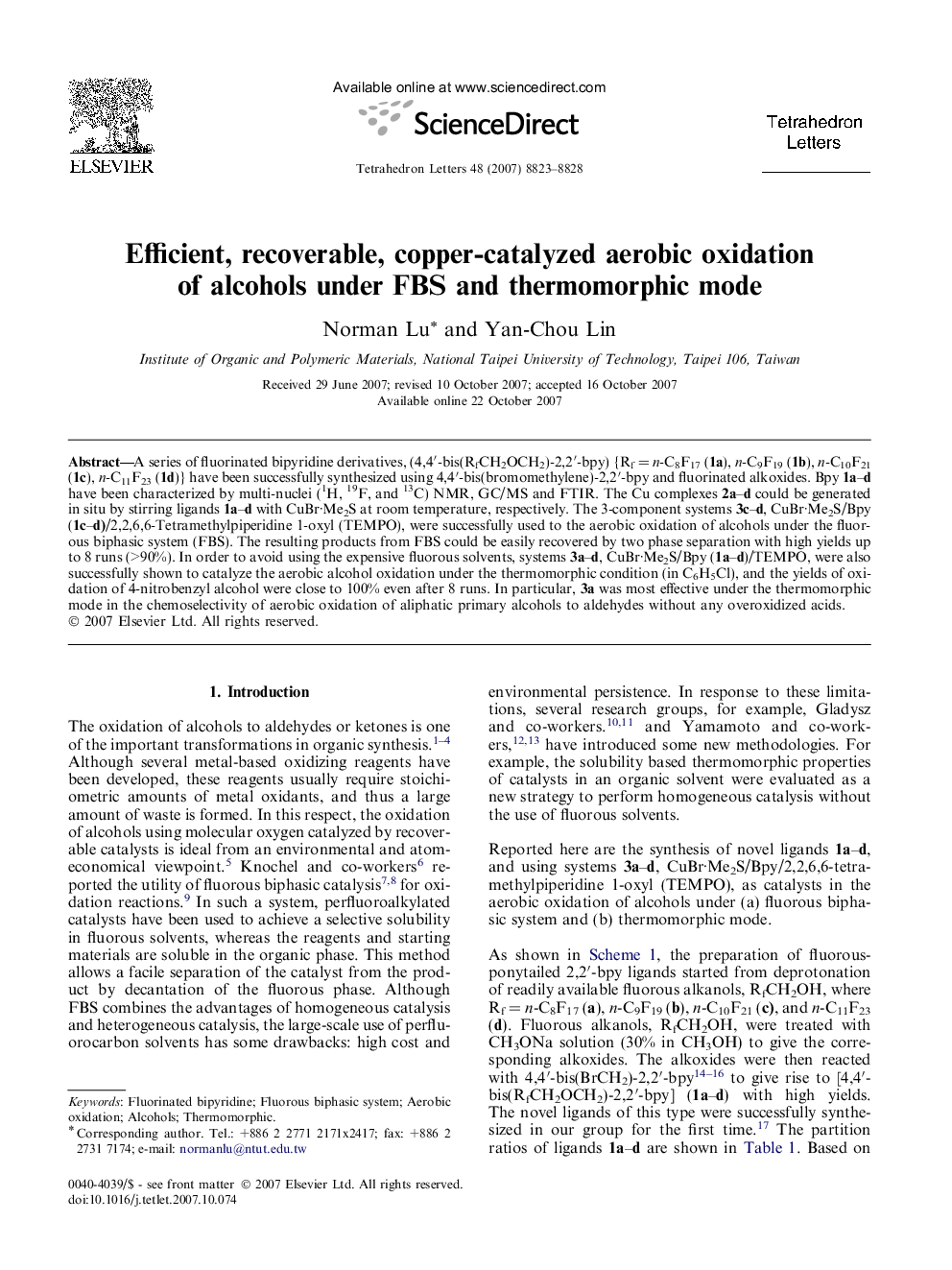 Efficient, recoverable, copper-catalyzed aerobic oxidation of alcohols under FBS and thermomorphic mode