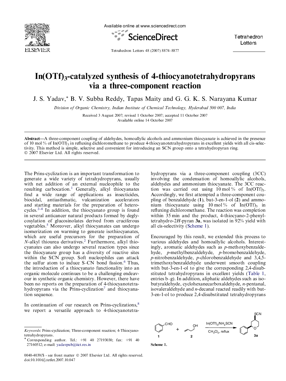 In(OTf)3-catalyzed synthesis of 4-thiocyanotetrahydropyrans via a three-component reaction