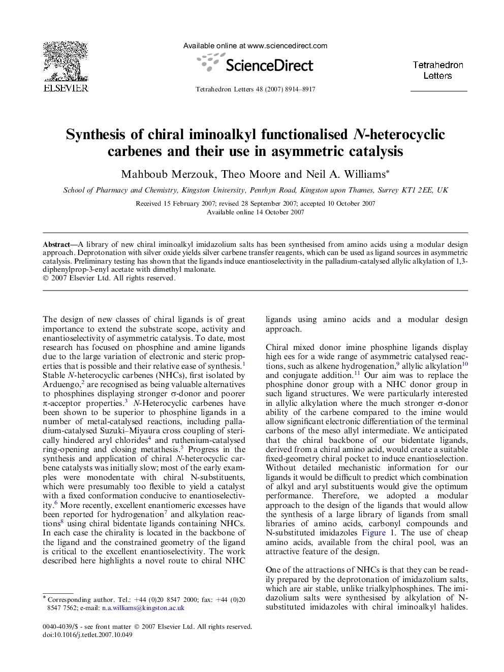 Synthesis of chiral iminoalkyl functionalised N-heterocyclic carbenes and their use in asymmetric catalysis