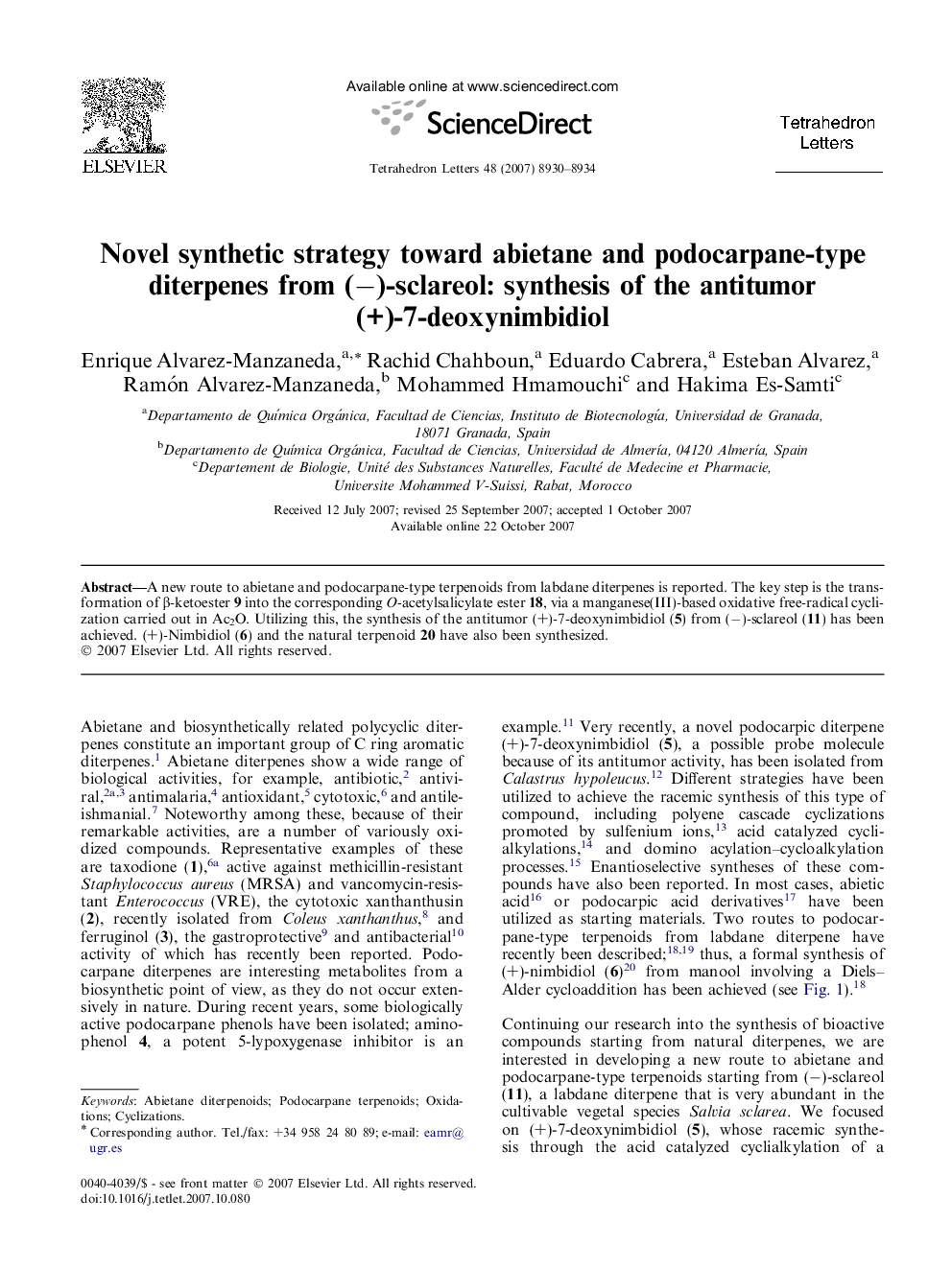 Novel synthetic strategy toward abietane and podocarpane-type diterpenes from (â)-sclareol: synthesis of the antitumor (+)-7-deoxynimbidiol