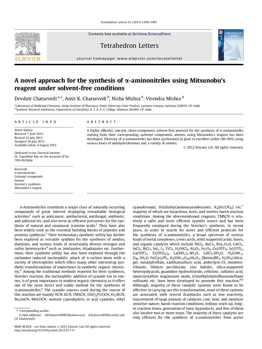 A novel approach for the synthesis of Î±-aminonitriles using Mitsunobu's reagent under solvent-free conditions