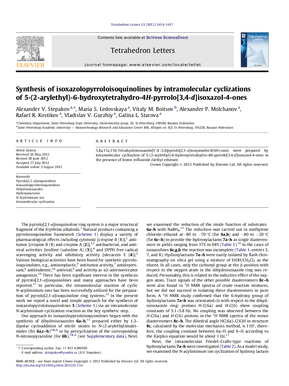 Synthesis of isoxazolopyrroloisoquinolines by intramolecular cyclizations of 5-(2-arylethyl)-6-hydroxytetrahydro-4H-pyrrolo[3,4-d]isoxazol-4-ones