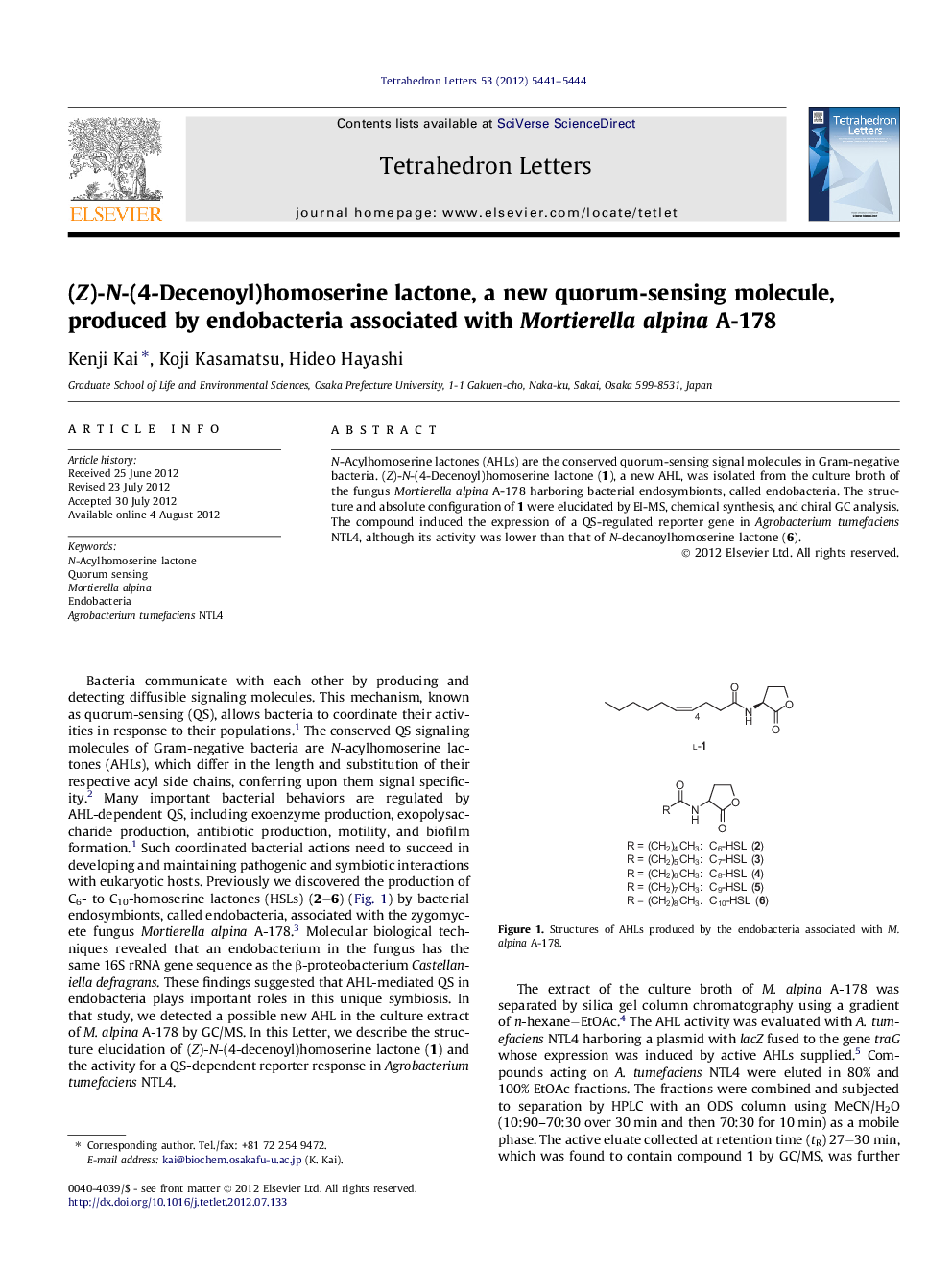 (Z)-N-(4-Decenoyl)homoserine lactone, a new quorum-sensing molecule, produced by endobacteria associated with Mortierella alpina A-178