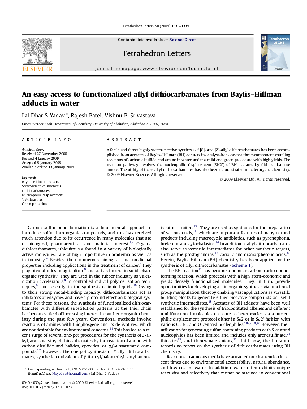 عکس صفحه اول مقاله: An easy access to functionalized allyl dithiocarbamates from Baylis-Hillman adducts in water An easy access to functionalized allyl dithiocarbamates from Baylis-Hillman adducts in water