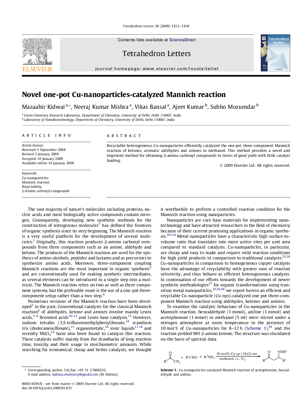 Novel one-pot Cu-nanoparticles-catalyzed Mannich reaction