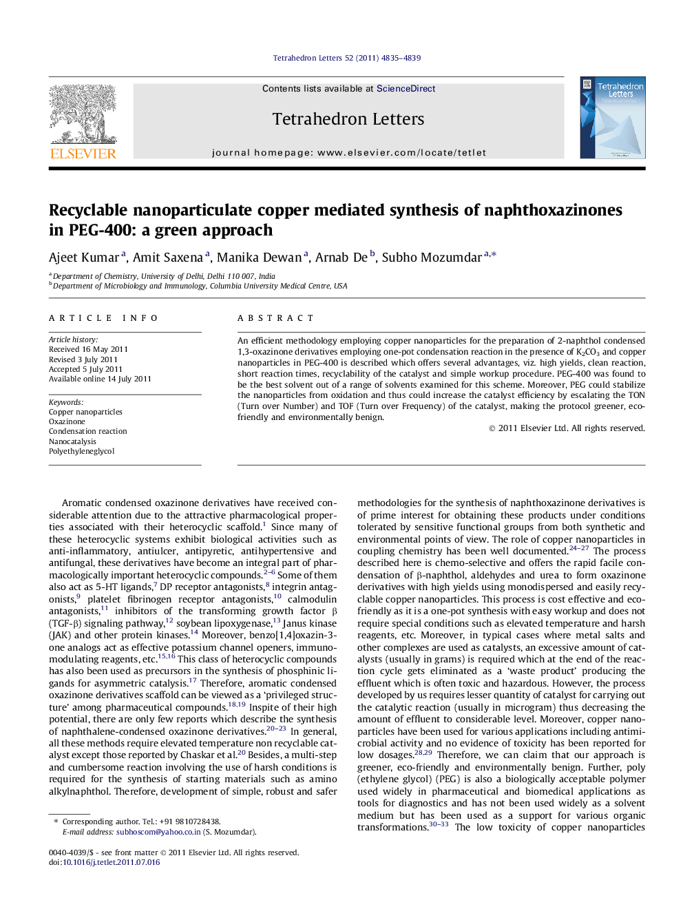 Recyclable nanoparticulate copper mediated synthesis of naphthoxazinones in PEG-400: a green approach