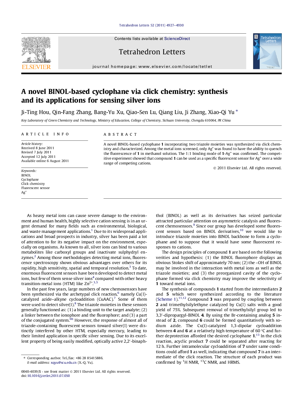 A novel BINOL-based cyclophane via click chemistry: synthesis and its applications for sensing silver ions