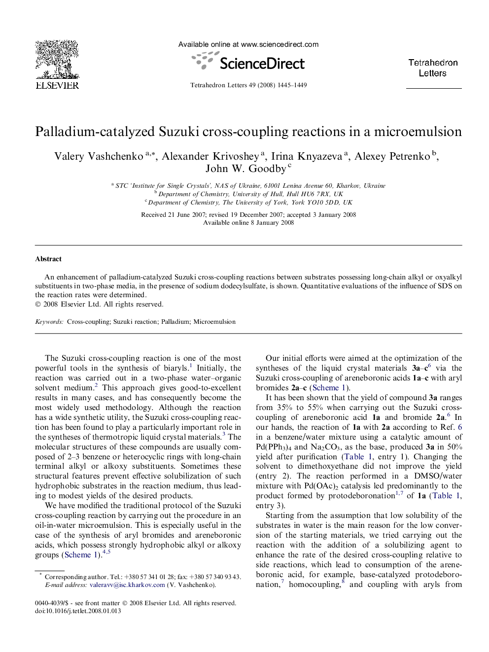 Palladium-catalyzed Suzuki cross-coupling reactions in a microemulsion