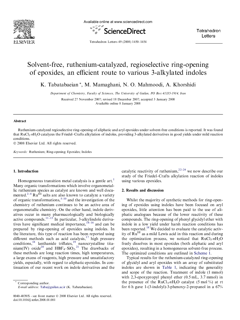 Solvent-free, ruthenium-catalyzed, regioselective ring-opening of epoxides, an efficient route to various 3-alkylated indoles