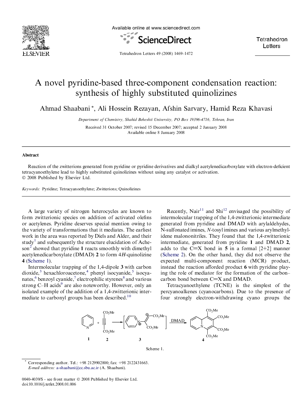 A novel pyridine-based three-component condensation reaction: synthesis of highly substituted quinolizines