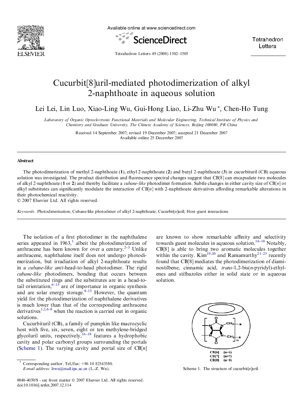 Cucurbit[8]uril-mediated photodimerization of alkyl 2-naphthoate in aqueous solution