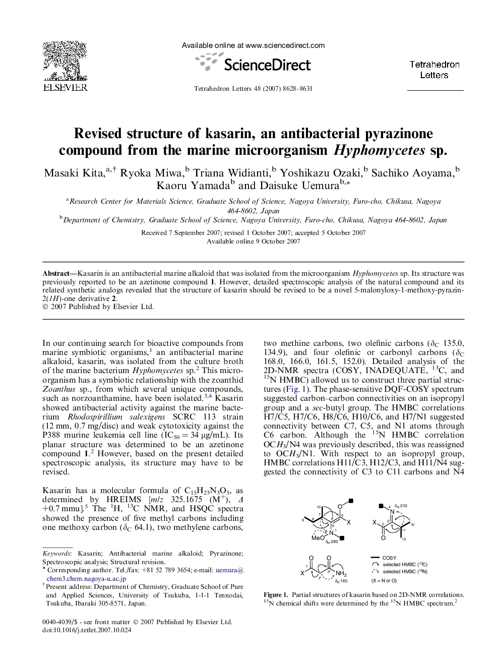 Revised structure of kasarin, an antibacterial pyrazinone compound from the marine microorganism Hyphomycetes sp.