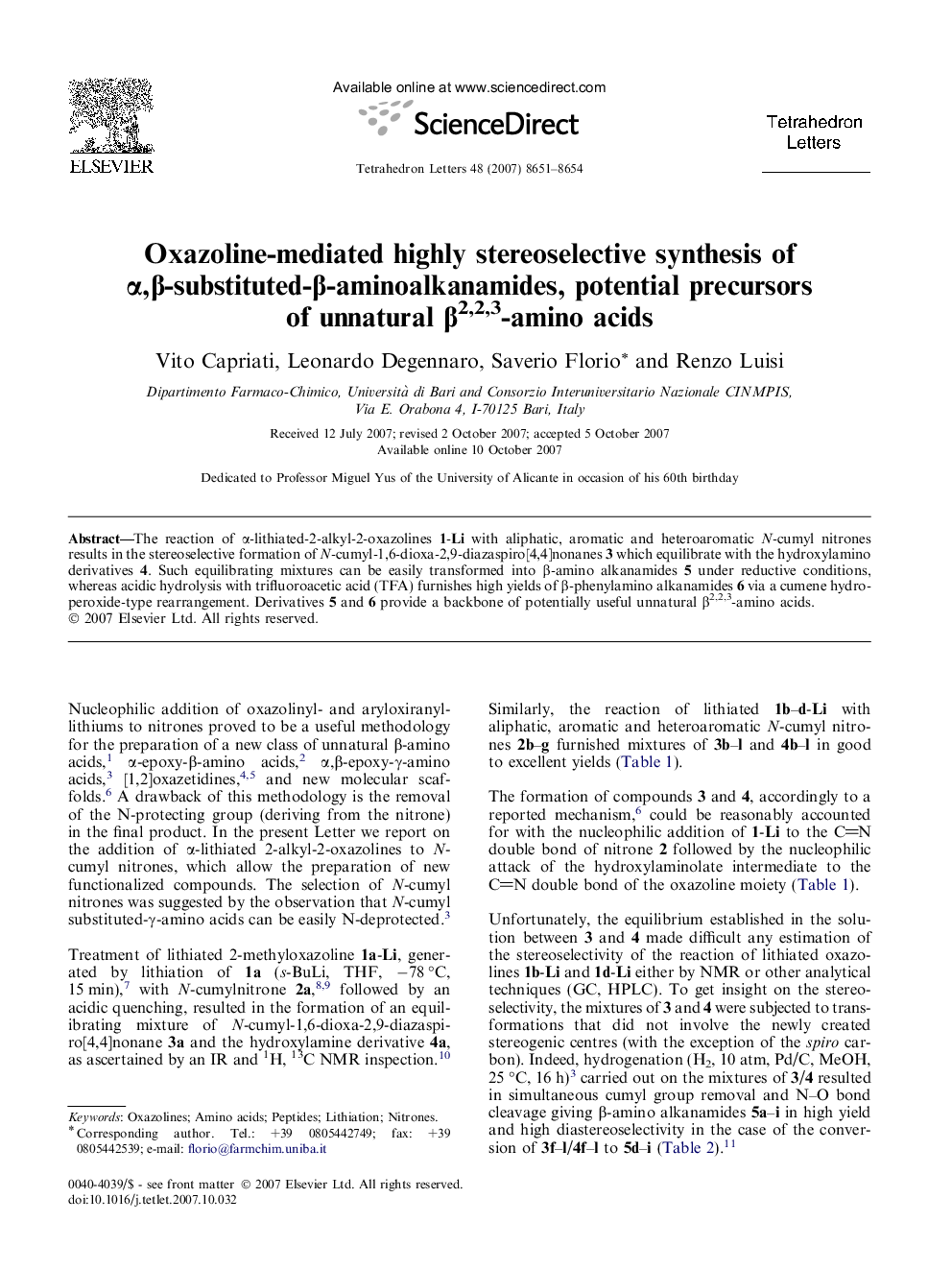 Oxazoline-mediated highly stereoselective synthesis of Î±,Î²-substituted-Î²-aminoalkanamides, potential precursors of unnatural Î²2,2,3-amino acids