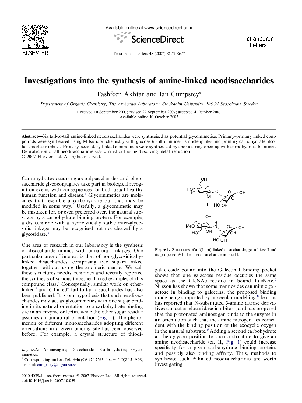 Investigations into the synthesis of amine-linked neodisaccharides