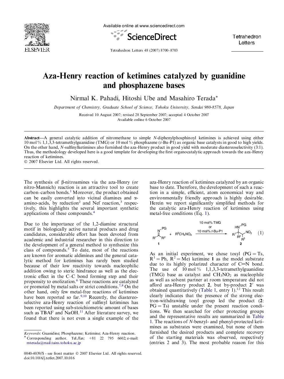 Aza-Henry reaction of ketimines catalyzed by guanidine and phosphazene bases