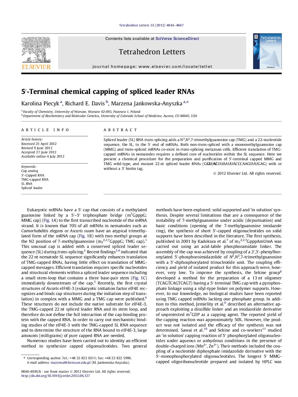 5â²-Terminal chemical capping of spliced leader RNAs