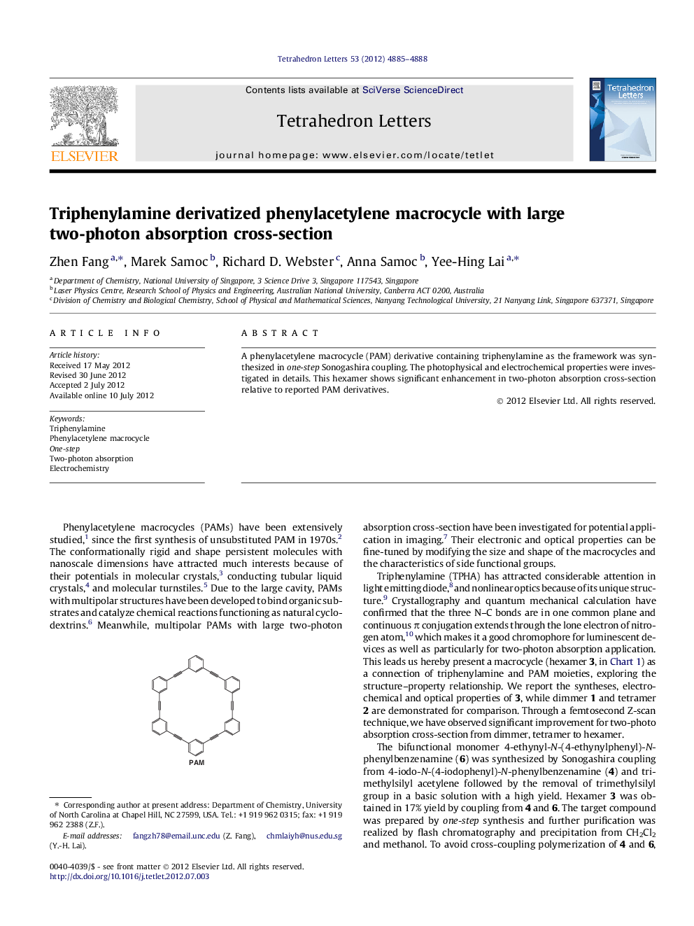 Triphenylamine derivatized phenylacetylene macrocycle with large two-photon absorption cross-section