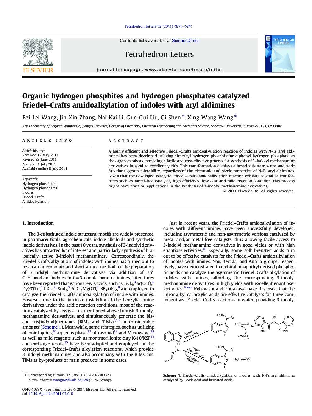 Organic hydrogen phosphites and hydrogen phosphates catalyzed Friedel-Crafts amidoalkylation of indoles with aryl aldimines