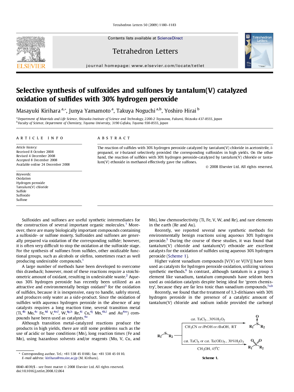 Selective synthesis of sulfoxides and sulfones by tantalum(V) catalyzed oxidation of sulfides with 30% hydrogen peroxide