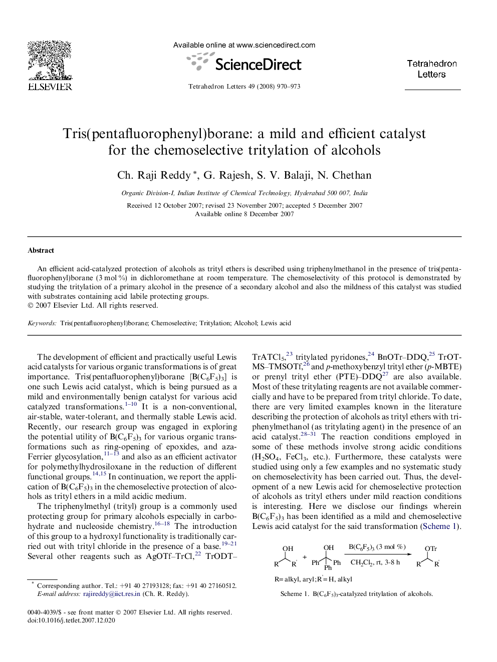 Tris(pentafluorophenyl)borane: a mild and efficient catalyst for the chemoselective tritylation of alcohols